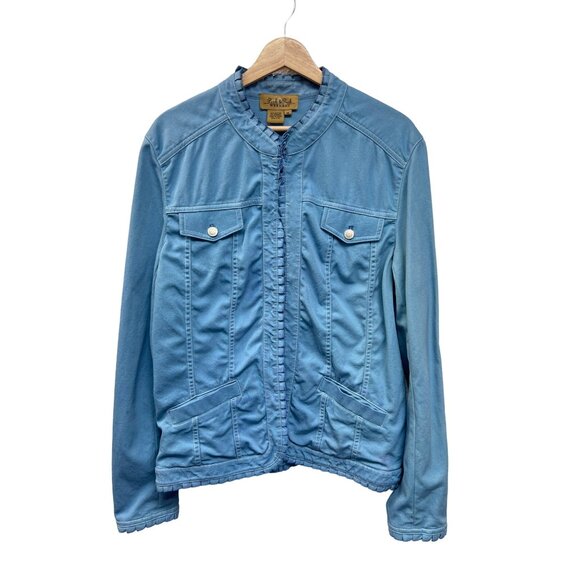 Peck & Peck Weekend Blue Trucker Style Jacket with Ruffle Trim - Picture 1 of 11
